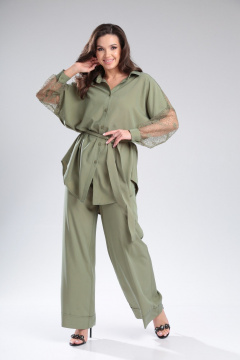 Женский брючный комплект из вискозы с кружевной блузой Michel chic 1369 хаки - фото 3
