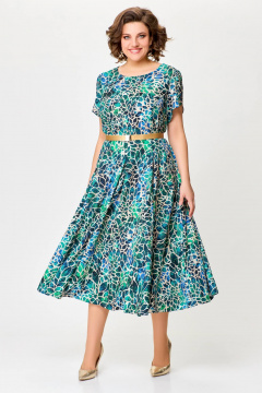 Многоцветное летнее платье с рельефами и расклешенной юбкой Swallow 725 бирюзово-бежевый_принт - фото 1