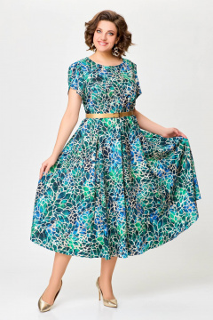 Многоцветное летнее платье с рельефами и расклешенной юбкой Swallow 725 бирюзово-бежевый_принт - фото 4
