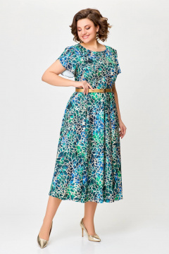 Многоцветное летнее платье с рельефами и расклешенной юбкой Swallow 725 бирюзово-бежевый_принт - фото 3
