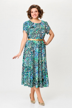 Многоцветное летнее платье с рельефами и расклешенной юбкой Swallow 725 бирюзово-бежевый_принт - фото 2