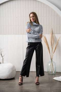 Черные эко-брюки палаццо с высокой талией из эко-кожи GlasiO 9023- - фото 4