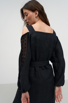 Льняное летнее платье с карманами, бретелями и рукавами из кружева Art Ribbon M1007P - фото 5