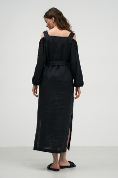 Льняное летнее платье с карманами, бретелями и рукавами из кружева Art Ribbon M1007P - фото 4