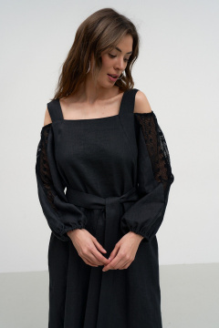 Льняное летнее платье с карманами, бретелями и рукавами из кружева Art Ribbon M1007P - фото 3