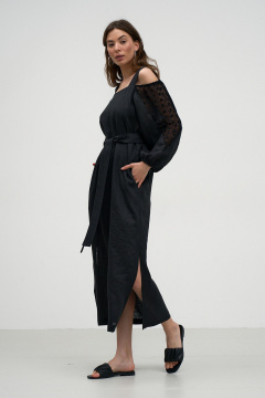 Льняное летнее платье с карманами, бретелями и рукавами из кружева Art Ribbon M1007P - фото 2