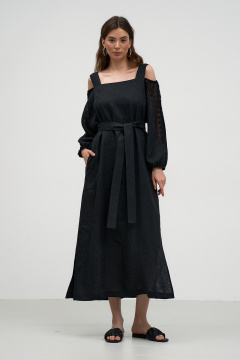 Льняное летнее платье с карманами, бретелями и рукавами из кружева Art Ribbon M1007P - фото 1