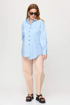 Демисезонный костюм из льняной ткани с блузой и брюками Bliss 8219 голубой - фото 3