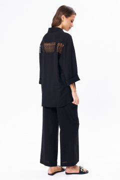 Льняной костюм из рубашки и брюк с разрезами KaVaRi 8023 черный - фото 2