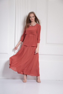 шовная однотонная шифоновая юбка на притачном поясе AMORI 3101 терракот - фото 2