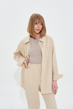 Бежевый костюм-двойка из льняной ткани с резинкой и карманами Mixan 4047 - фото 5