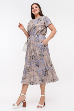 Платье с трапециевидной юбкой и сборкой из шифона и текстиля La rouge 5452 латте-(цветы) - фото 3