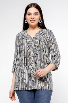 Блуза из вискозы с жабо и сборками в мультиколор La rouge 6160 полоска-(цветы) - фото 1