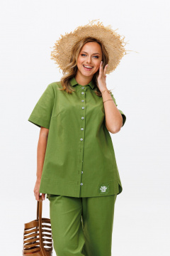 Летний костюм из льняной ткани с блузой и брюками Mubliz 167 фисташка - фото 3