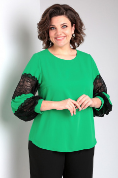 Демисезонная романтическая блуза с кружевом и ярусными рукавами Таир-Гранд 62370 травяной - фото 1