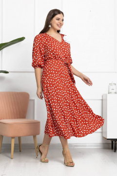 Платье в горошки с эффектным поясом и объемными рукавами Gold Style 2606 терракот - фото 4