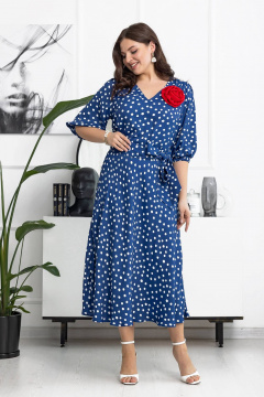 Платье в горошки с поясом и брошью ручной работы Gold Style 2606 синий_горох - фото 5