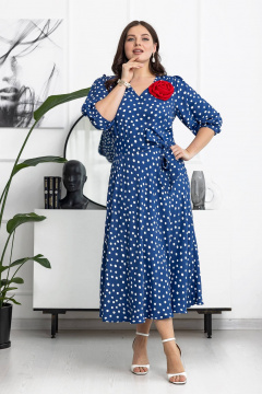 Платье в горошки с поясом и брошью ручной работы Gold Style 2606 синий_горох - фото 3