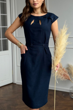 Полуприлегащее платье в стиле летнего льна с поясом и разрезом Dilana VIP 2030/1 темно-синий - фото 4