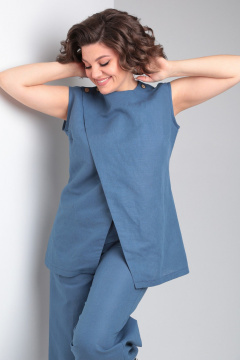 Льняной костюм из туники и брюк с асимметричным запахом Celentano lite 5030.1 синий - фото 3