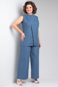Льняной костюм из туники и брюк с асимметричным запахом Celentano lite 5030.1 синий - фото 1
