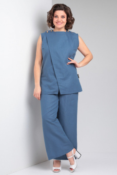 Льняной костюм из туники и брюк с асимметричным запахом Celentano lite 5030.1 синий - фото 2