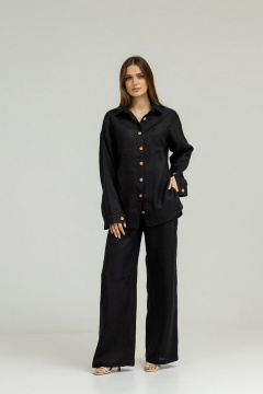 Демисезонный костюм из льна с палаццо и рубашкой Atelero 1053 черный - фото 1