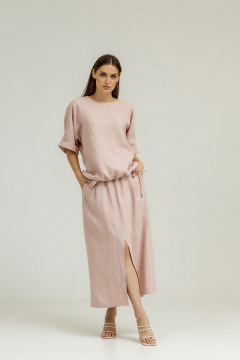Розовый льняной комплект блуза и юбка с карманами Atelero 1105П пудровый - фото 1