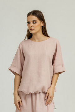 Розовый льняной комплект блуза и юбка с карманами Atelero 1105П пудровый - фото 4