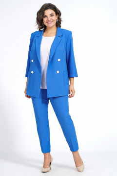 Демисезонный комплект из жакета, блузки и брюк из трикотажа Пинск-Стиль 137 василек - фото 5