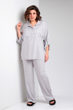 Комплект блузон и брюки из льна для ежедневного стиля, серый Liona Style 871 жемчужный - фото 1