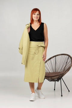 Джинсовый комплект жакет и юбка с клапанами и разрезами Соджи 608 горчичный - фото 4