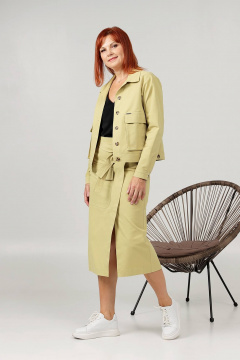 Джинсовый комплект жакет и юбка с клапанами и разрезами Соджи 608 горчичный - фото 3