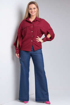Красная свободная рубашка с накладными карманами Viola Style 1172 бордовый - фото 2