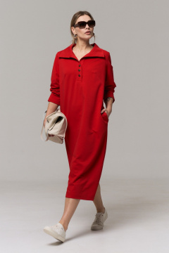 Платье миди в прямом стиле из трикотажа и хлопка GRATTO 8339 алый - фото 3
