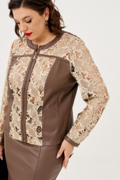 Жакет и юбка из эко-кожи с гипюром на пуговицах демисезон Almirastyle 338 коричневый - фото 5