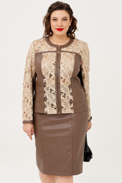 Жакет и юбка из эко-кожи с гипюром на пуговицах демисезон Almirastyle 338 коричневый - фото 3