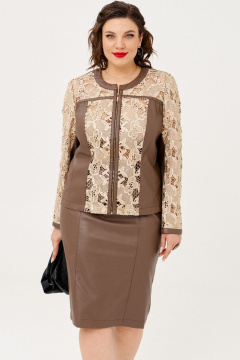 Жакет и юбка из эко-кожи с гипюром на пуговицах демисезон Almirastyle 338 коричневый - фото 1