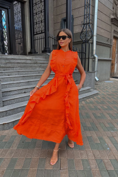 Льняное платье с воланами и поясом на пуговицах Pavlova 160 яркий_апельсин - фото 3