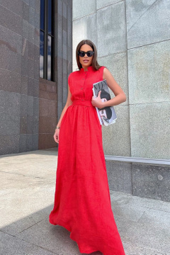 Леновое платье в пол с воланом и ярким акцентом Pavlova 162 коралловый - фото 1