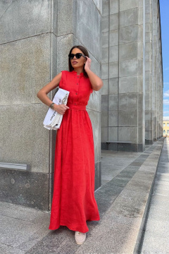 Леновое платье в пол с воланом и ярким акцентом Pavlova 162 коралловый - фото 2