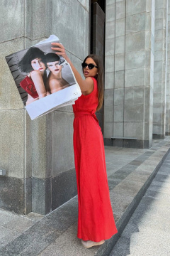 Леновое платье в пол с воланом и ярким акцентом Pavlova 162 коралловый - фото 5