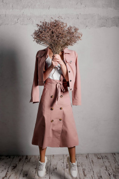 Юбка-трапеция из облегченного джинса с защипами и поясом Legend Style S-009 пудра - фото 2