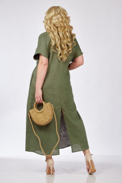 Зеленое платье с разрезом и вырезом из лен-текстиля летом Диомант 1976 хаки - фото 4