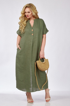 Зеленое платье с разрезом и вырезом из лен-текстиля летом Диомант 1976 хаки - фото 3