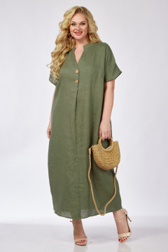 Зеленое платье с разрезом и вырезом из лен-текстиля летом Диомант 1976 хаки - фото 2