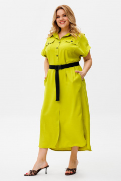 Зеленое летнее платье из льна и хлопка с поясом Michel chic 993/2 яблоко - фото 5