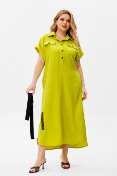 Зеленое летнее платье из льна и хлопка с поясом Michel chic 993/2 яблоко - фото 4