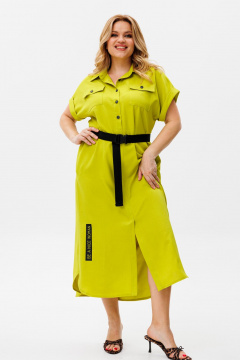 Зеленое летнее платье из льна и хлопка с поясом Michel chic 993/2 яблоко - фото 1