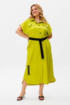 Зеленое летнее платье из льна и хлопка с поясом Michel chic 993/2 яблоко - фото 3